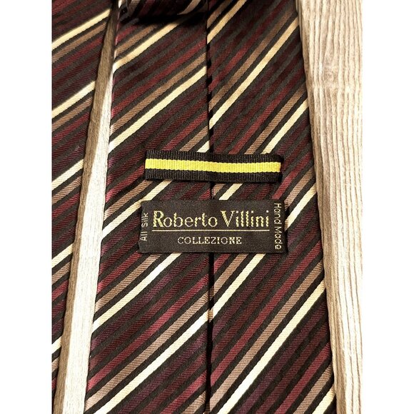 Roberto Villini Collezione Striped Silk Mens Tie Black Burgundy White Stripe Des - Picture 6 of 10